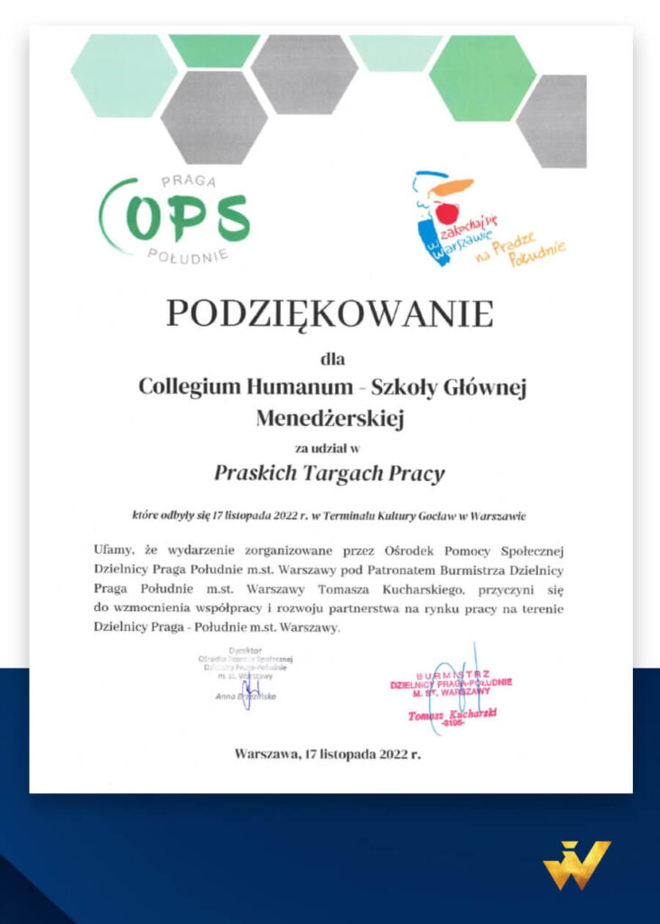 Podziękowanie dla Uczelnia Biznesu i Nauk Stosowanych „Varsovia” - Szkoły Głównej Menedżerskiej za udział w Praskich Targach Pracy