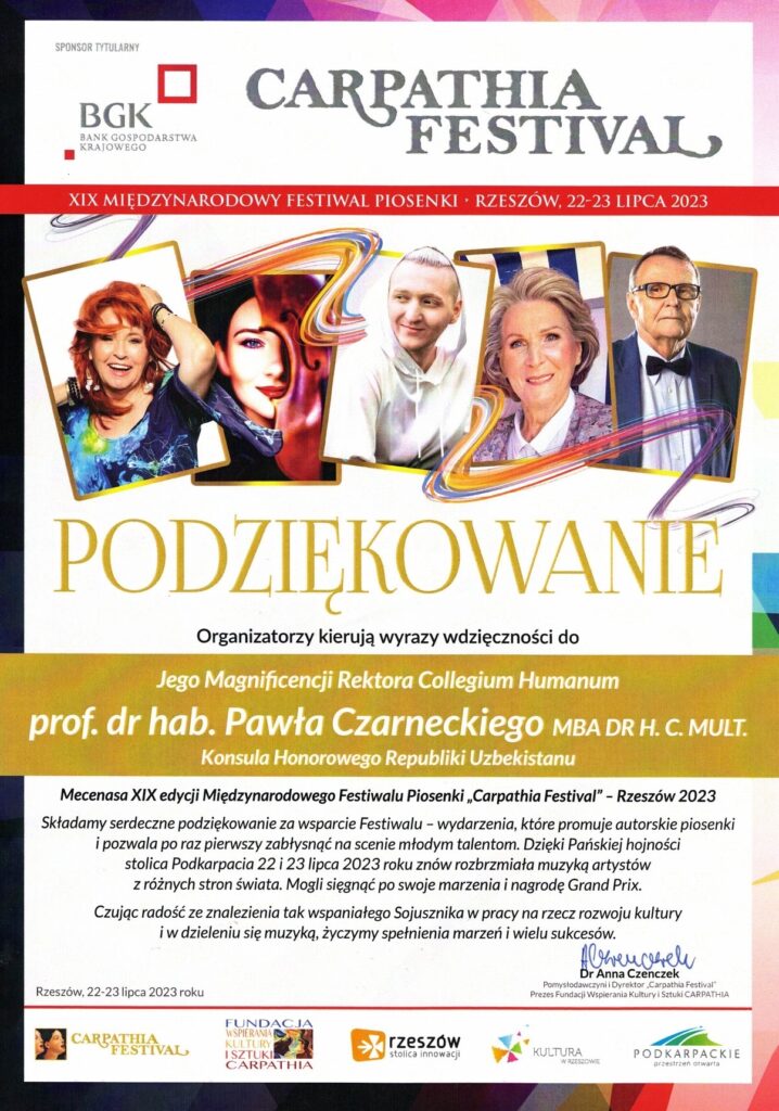 Podziękowanie za objęcie Mecenatem XIX Międzynarodowego Festiwalu Piosenki "Carpathia Festival" - Rzeszów 2023